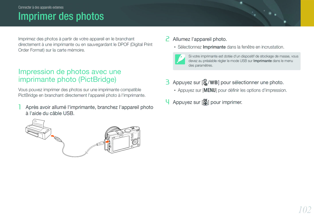 Samsung EV-NX100ZBABFR, EV-NX100ZBASFR Imprimer des photos, 102, Impression de photos avec une imprimante photo PictBridge 