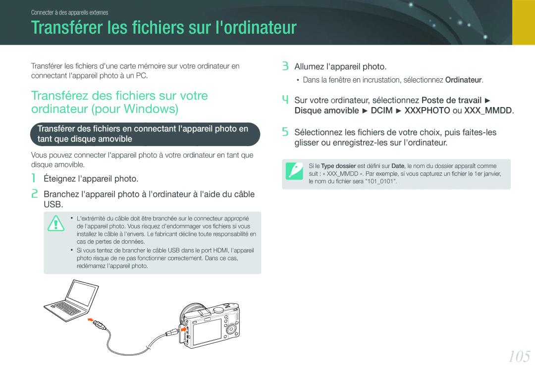 Samsung EV-NX100ZBANFR, EV-NX100ZBASFR, EV-NX100ZBAWFR, EV-NX100ZBABFR manual Transférer les ﬁchiers sur lordinateur, 105 