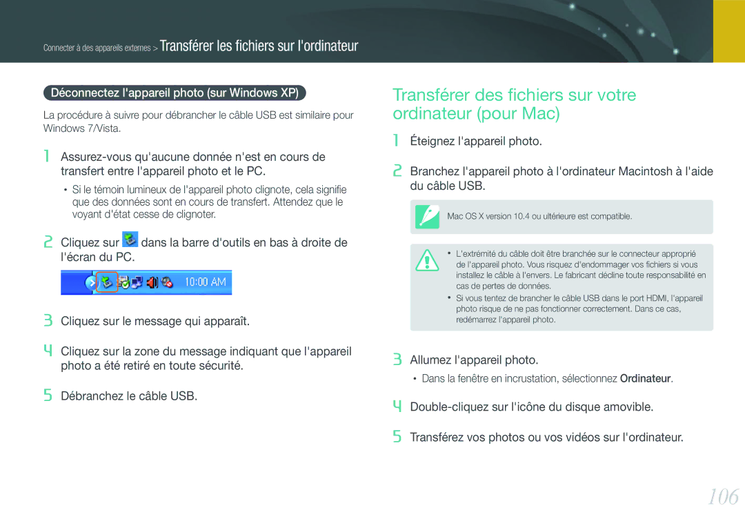 Samsung EV-NX100ZBABFR, EV-NX100ZBASFR, EV-NX100ZBAWFR manual 106, Transférer des ﬁchiers sur votre ordinateur pour Mac 
