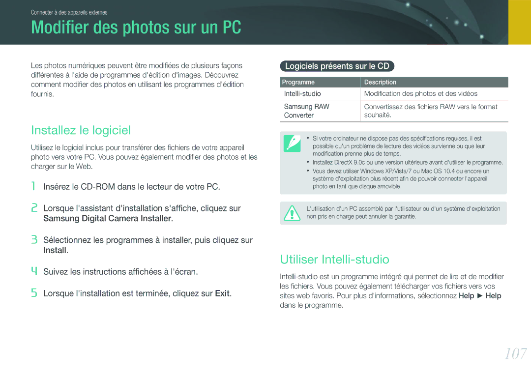 Samsung EV-NX100ZBASFR, EV-NX100ZBAWFR Modiﬁer des photos sur un PC, 107, Installez le logiciel, Utiliser Intelli-studio 