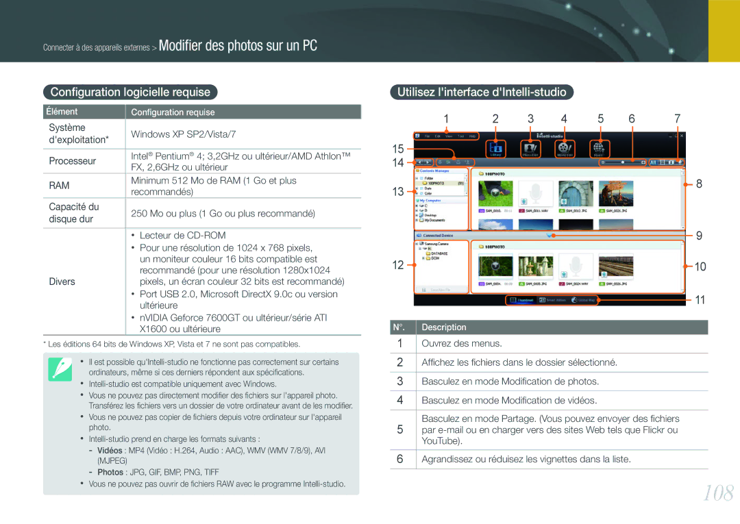 Samsung EV-NX100ZBAWFR, EV-NX100ZBASFR manual 108, Conﬁguration logicielle requise, Utilisez linterface dIntelli-studio, Ram 