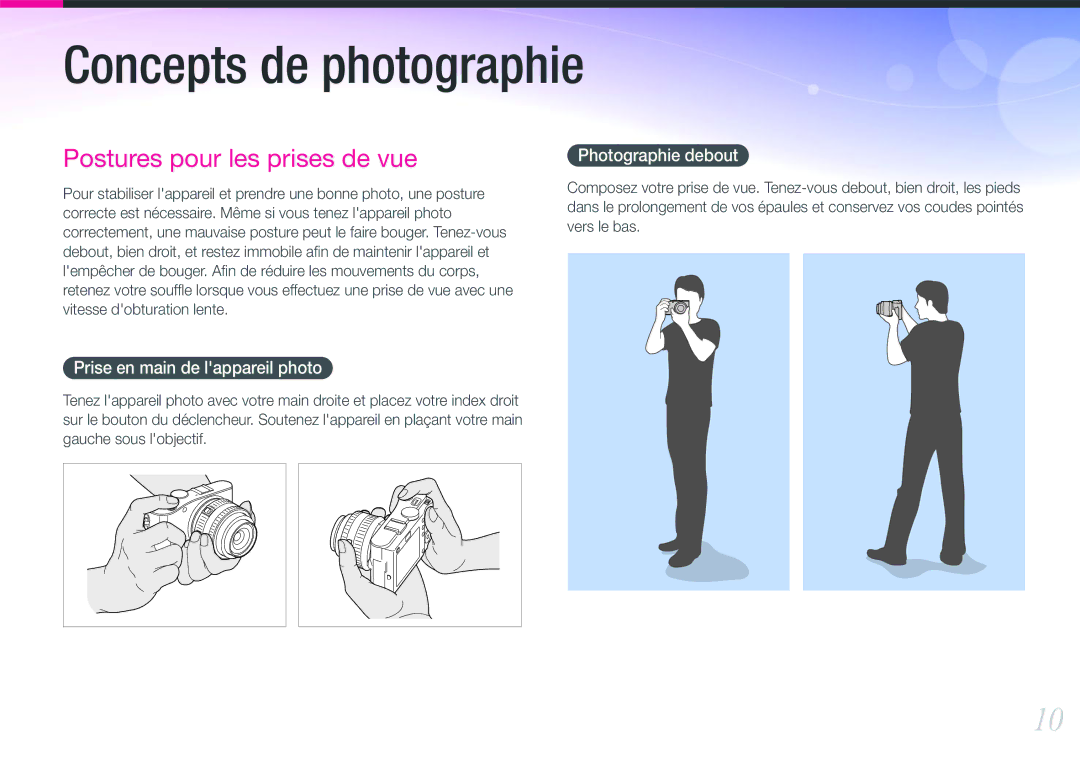 Samsung EV-NX100ZBABFR, EV-NX100ZBASFR, EV-NX100ZBAWFR manual Concepts de photographie, Prise en main de lappareil photo 