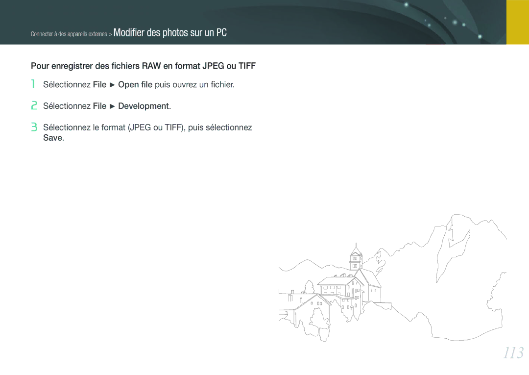 Samsung EV-NX100ZBANFR, EV-NX100ZBASFR, EV-NX100ZBAWFR manual 113, Pour enregistrer des ﬁchiers RAW en format Jpeg ou Tiff 