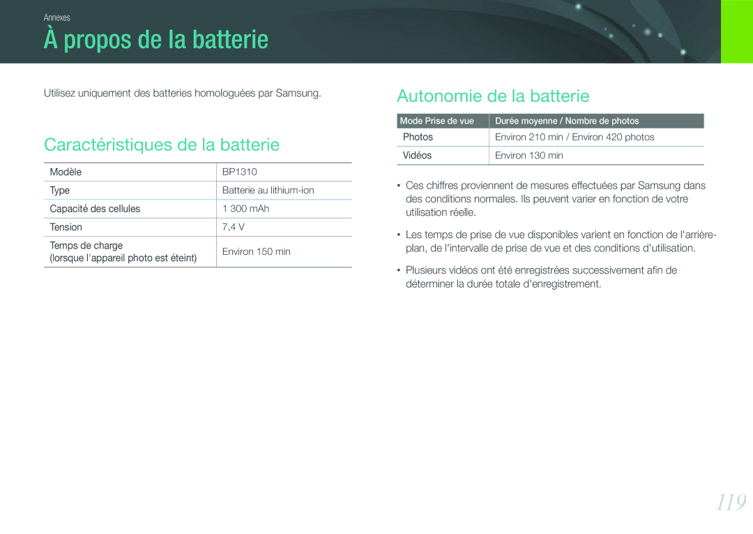 Samsung EV-NX100ZBASFR manual Propos de la batterie, 119, Caractéristiques de la batterie, Autonomie de la batterie 