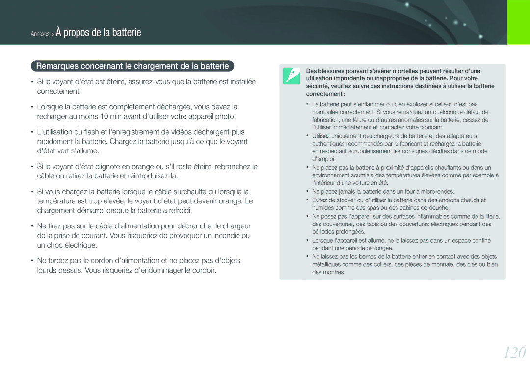 Samsung EV-NX100ZBAWFR, EV-NX100ZBASFR, EV-NX100ZBANFR manual 120, Remarques concernant le chargement de la batterie 