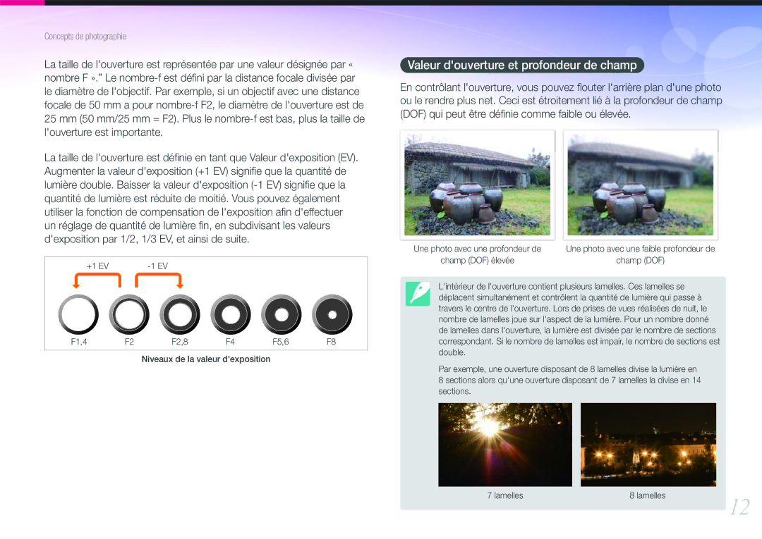 Samsung EV-NX100ZBAWFR, EV-NX100ZBASFR, EV-NX100ZBANFR, EV-NX100ZBABFR manual Valeur douverture et profondeur de champ 