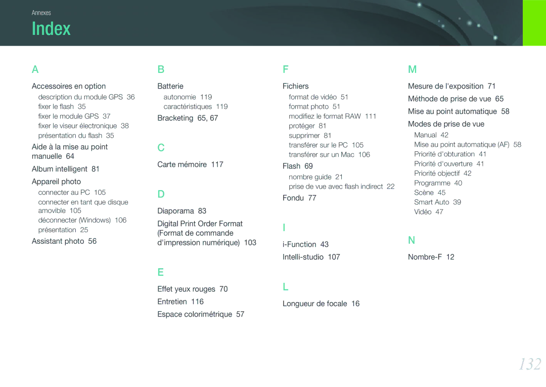 Samsung EV-NX100ZBAWFR, EV-NX100ZBASFR, EV-NX100ZBANFR, EV-NX100ZBABFR manual Index, 132 