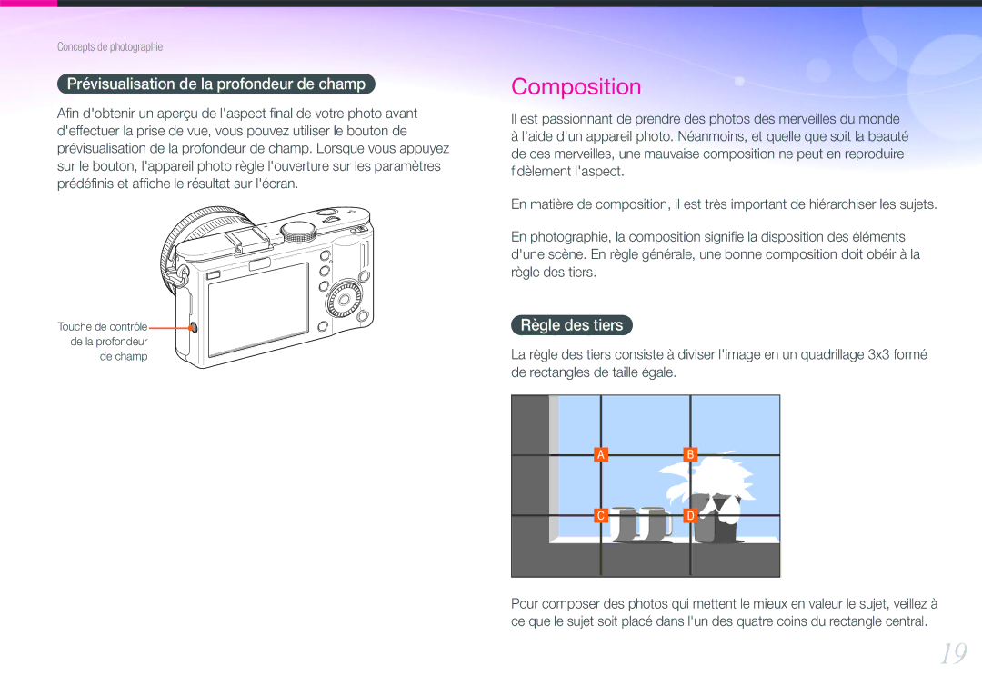 Samsung EV-NX100ZBASFR, EV-NX100ZBAWFR, EV-NX100ZBANFR manual Prévisualisation de la profondeur de champ, Règle des tiers 