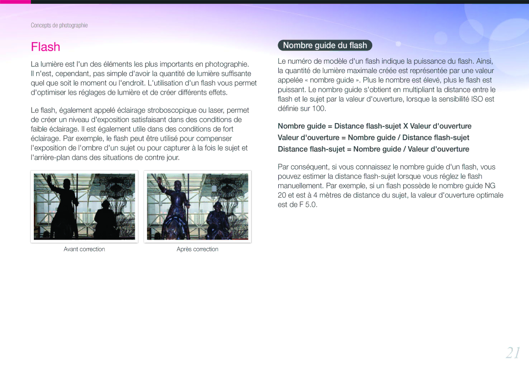 Samsung EV-NX100ZBANFR, EV-NX100ZBASFR, EV-NX100ZBAWFR, EV-NX100ZBABFR manual Flash, Nombre guide du ﬂash 