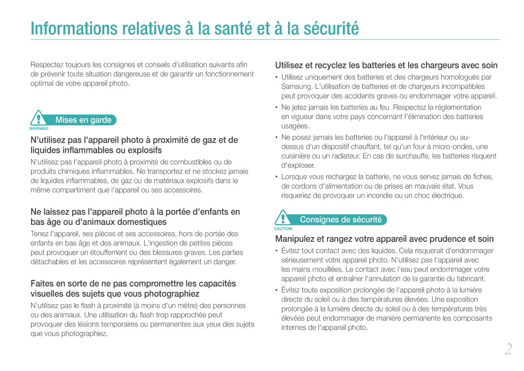 Samsung EV-NX100ZBABFR, EV-NX100ZBASFR, EV-NX100ZBAWFR, EV-NX100ZBANFR manual Mises en garde, Consignes de sécurité 