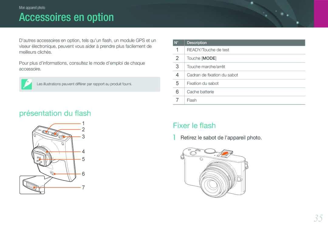 Samsung EV-NX100ZBASFR, EV-NX100ZBAWFR, EV-NX100ZBANFR manual Accessoires en option, Présentation du ﬂash, Fixer le ﬂash 