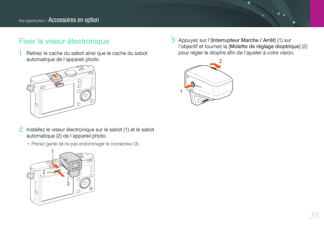 Samsung EV-NX100ZBABFR, EV-NX100ZBASFR, EV-NX100ZBAWFR, EV-NX100ZBANFR manual Fixer le viseur électronique 