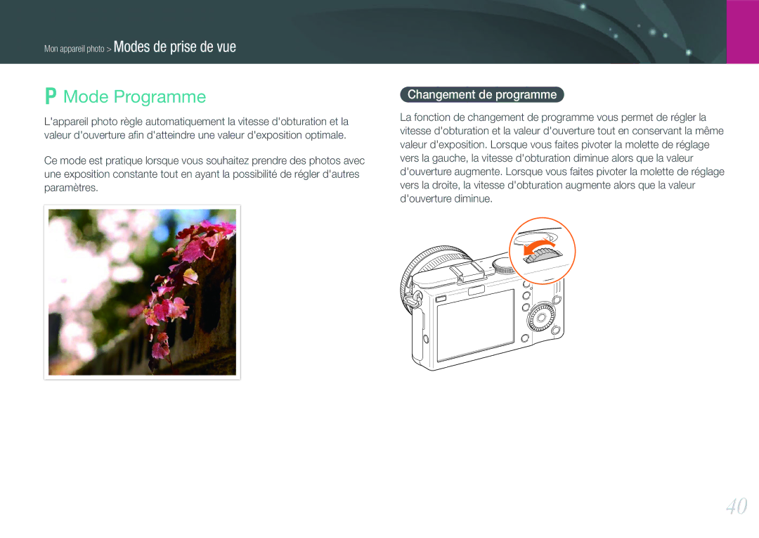 Samsung EV-NX100ZBAWFR, EV-NX100ZBASFR, EV-NX100ZBANFR, EV-NX100ZBABFR manual Mode Programme, Changement de programme 