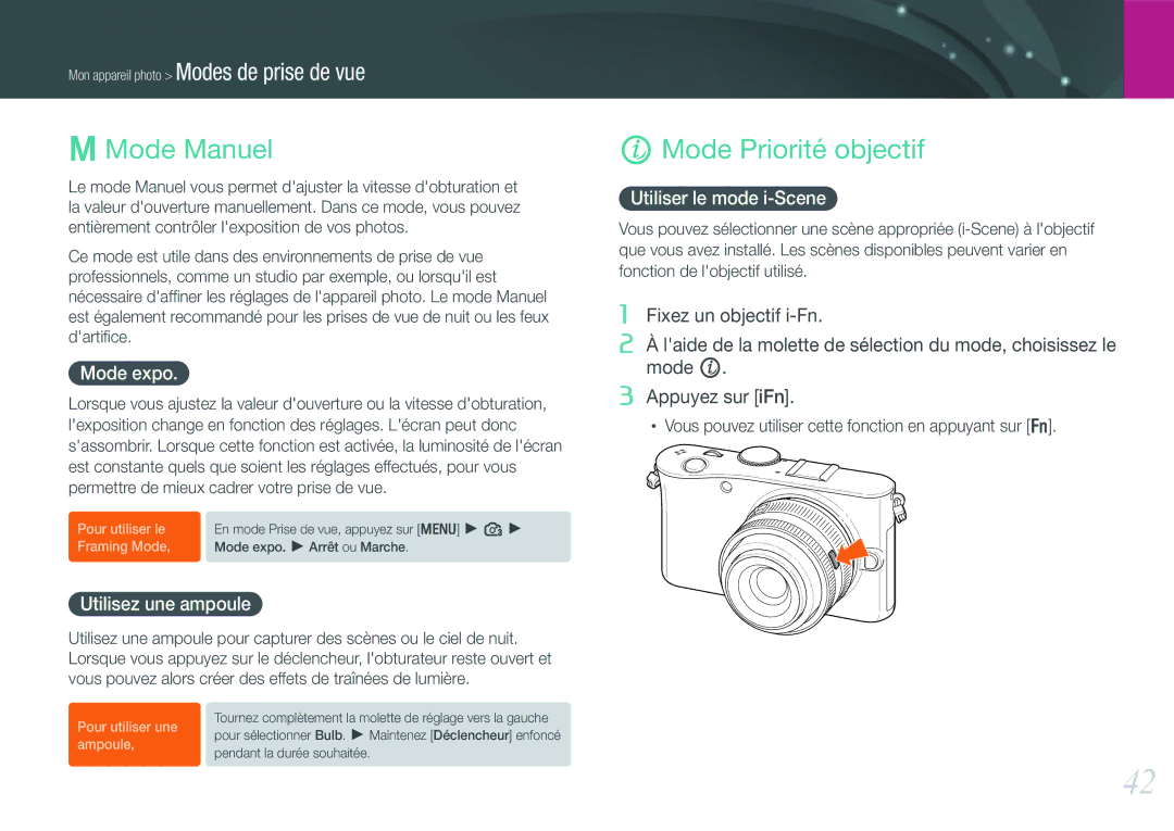 Samsung EV-NX100ZBABFR Mode Manuel, Mode Priorité objectif, Mode expo, Utilisez une ampoule, Utiliser le mode i-Scene 