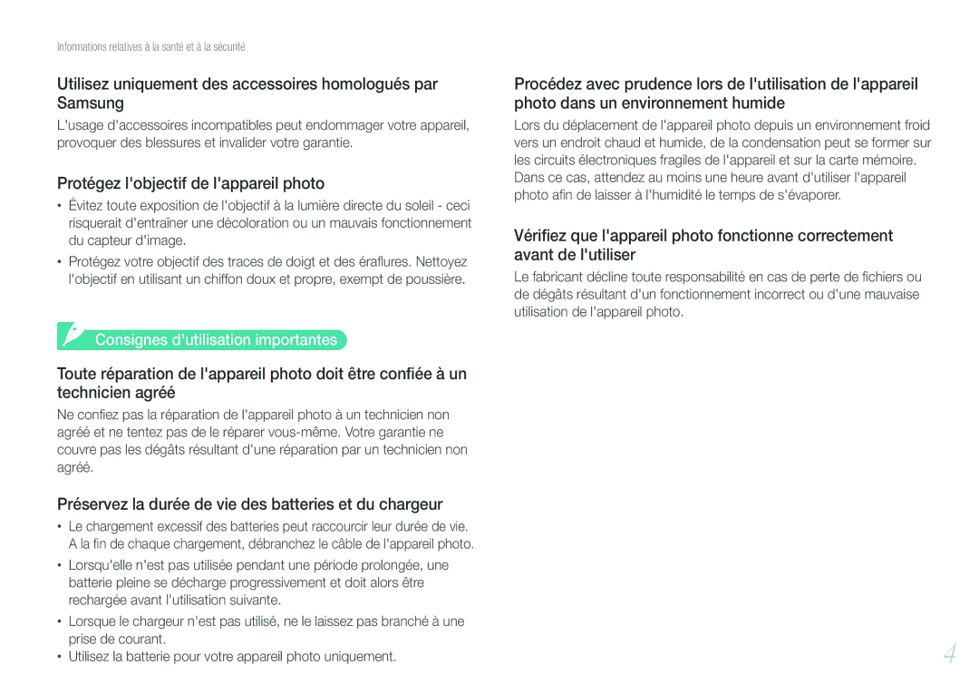 Samsung EV-NX100ZBAWFR Utilisez uniquement des accessoires homologués par Samsung, Consignes dutilisation importantes 