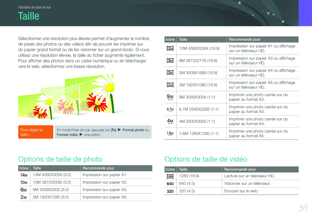 Samsung EV-NX100ZBABFR, EV-NX100ZBASFR, EV-NX100ZBAWFR manual Taille, Options de taille de photo, Options de taille de vidéo 