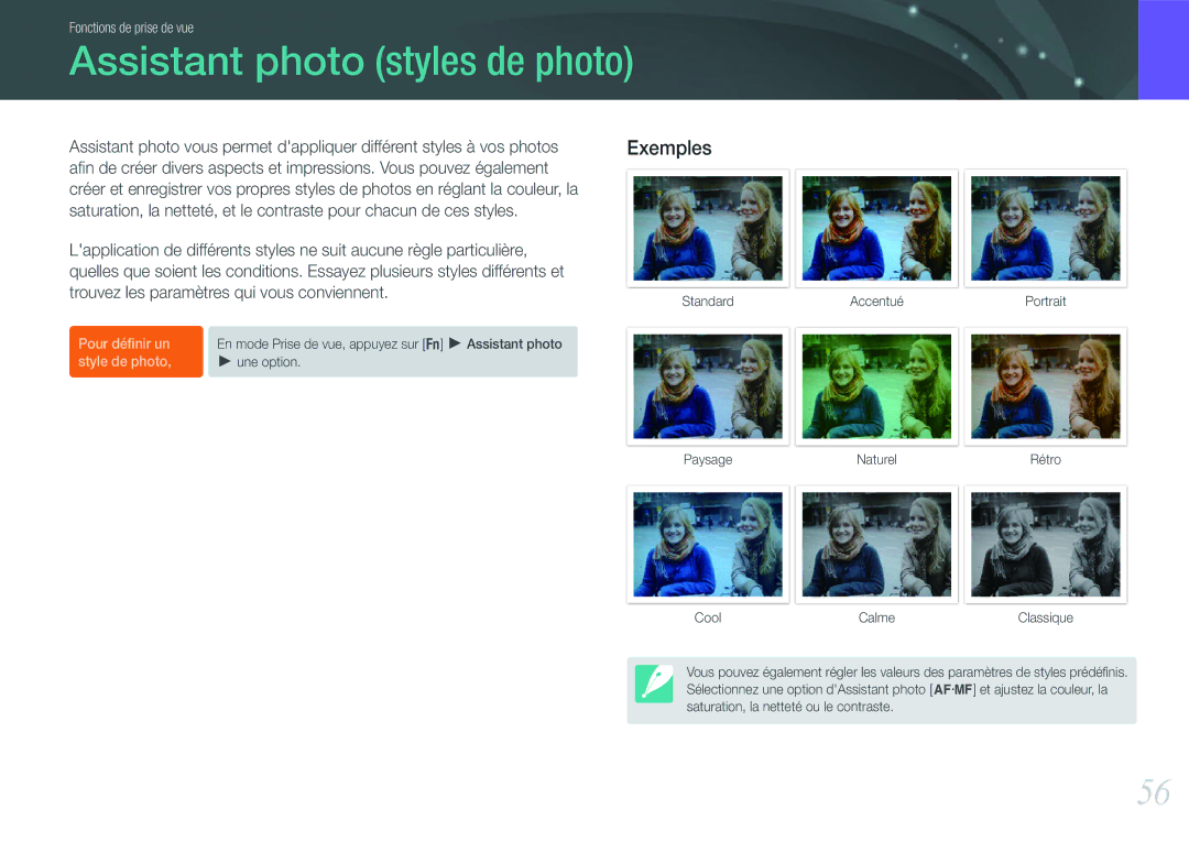 Samsung EV-NX100ZBAWFR, EV-NX100ZBASFR, EV-NX100ZBANFR, EV-NX100ZBABFR manual Assistant photo styles de photo 