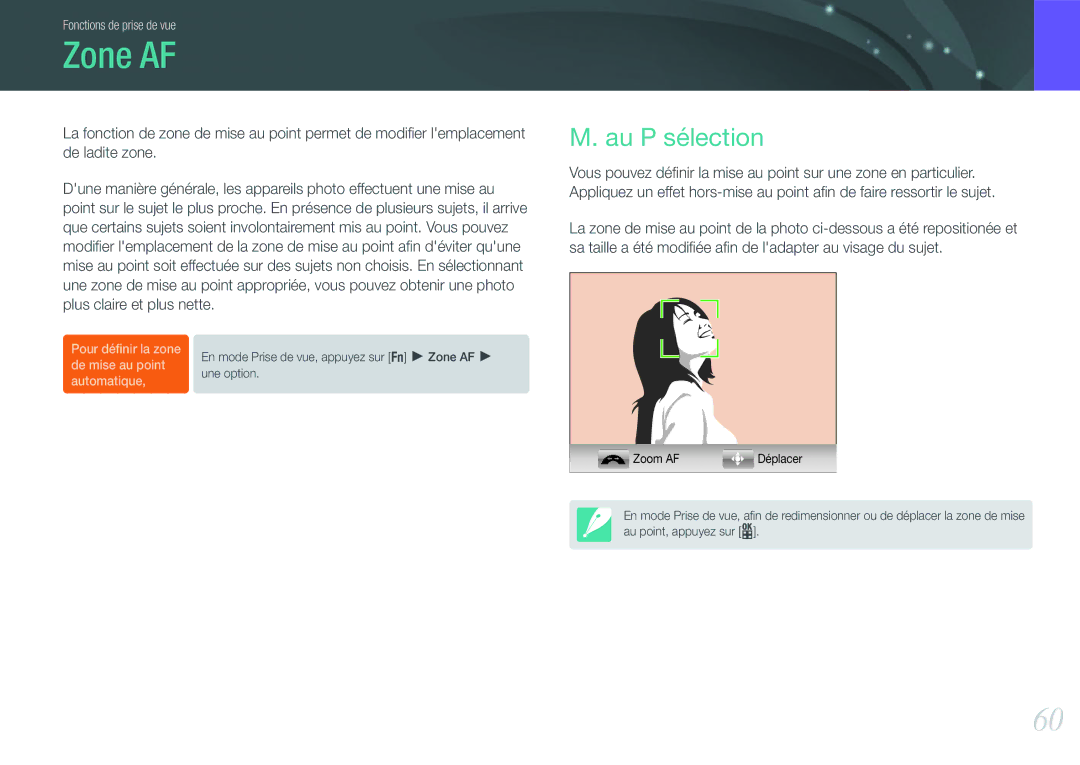 Samsung EV-NX100ZBAWFR, EV-NX100ZBASFR, EV-NX100ZBANFR, EV-NX100ZBABFR manual Zone AF, Au P sélection 