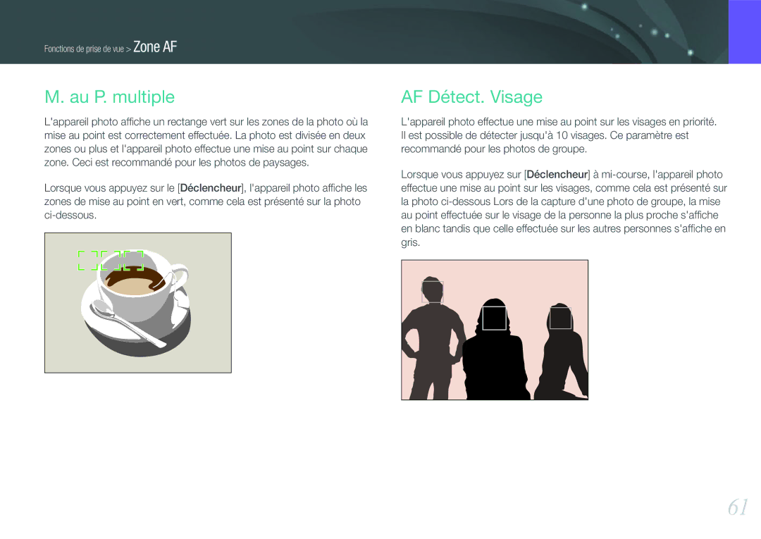 Samsung EV-NX100ZBANFR, EV-NX100ZBASFR, EV-NX100ZBAWFR, EV-NX100ZBABFR manual Au P. multiple, AF Détect. Visage 