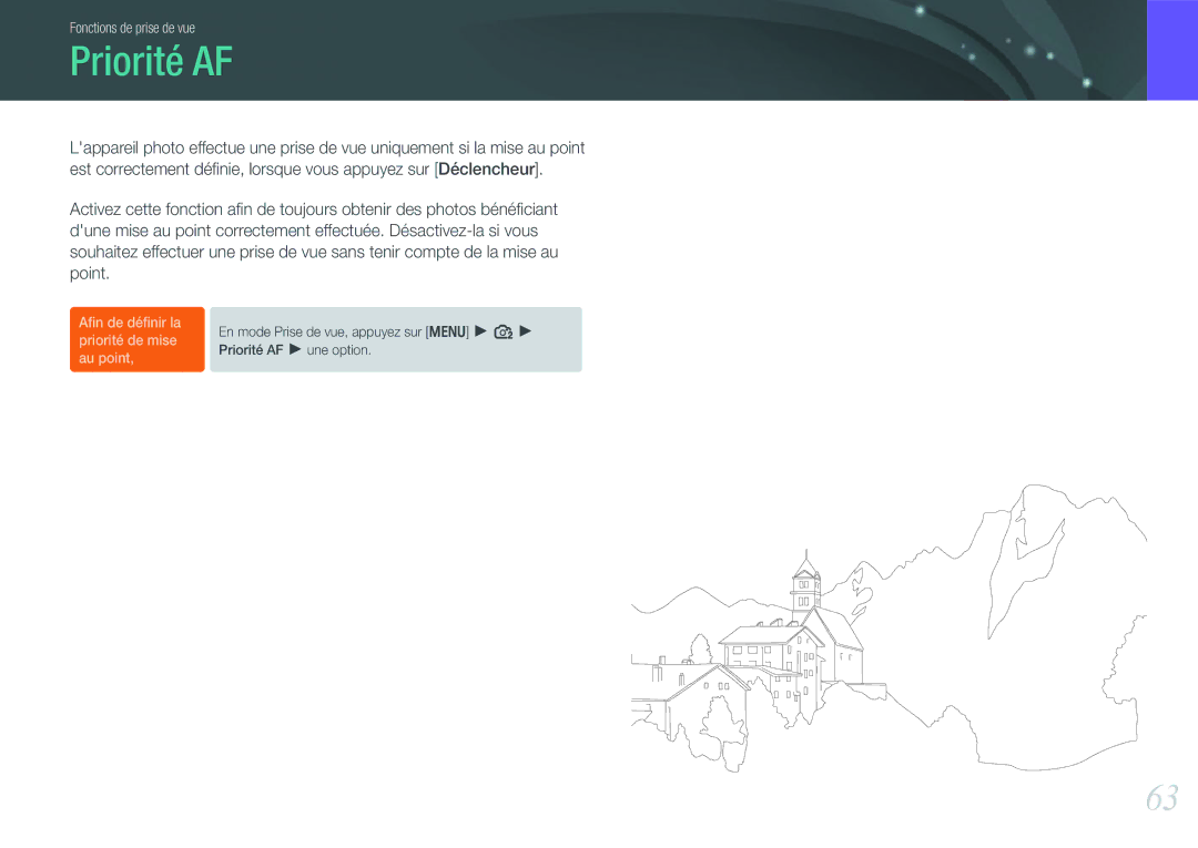 Samsung EV-NX100ZBASFR, EV-NX100ZBAWFR, EV-NX100ZBANFR, EV-NX100ZBABFR manual Priorité AF 