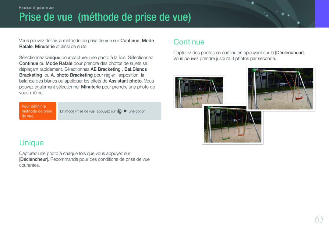 Samsung EV-NX100ZBANFR, EV-NX100ZBASFR, EV-NX100ZBAWFR manual Prise de vue méthode de prise de vue, Unique, Continue 