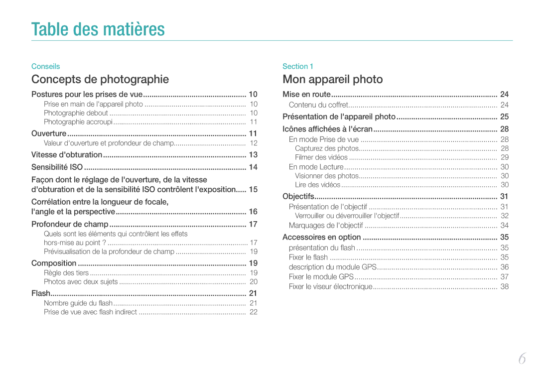 Samsung EV-NX100ZBABFR, EV-NX100ZBASFR, EV-NX100ZBAWFR, EV-NX100ZBANFR manual Table des matières 