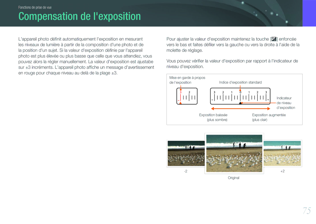 Samsung EV-NX100ZBASFR, EV-NX100ZBAWFR, EV-NX100ZBANFR, EV-NX100ZBABFR manual Compensation de lexposition 