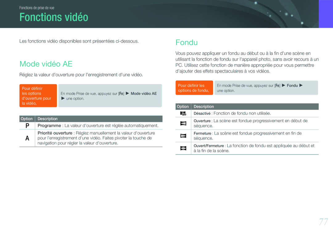 Samsung EV-NX100ZBANFR, EV-NX100ZBASFR, EV-NX100ZBAWFR, EV-NX100ZBABFR manual Fonctions vidéo, Mode vidéo AE, Fondu 