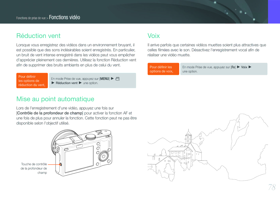 Samsung EV-NX100ZBABFR, EV-NX100ZBASFR, EV-NX100ZBAWFR, EV-NX100ZBANFR manual Réduction vent, Mise au point automatique, Voix 