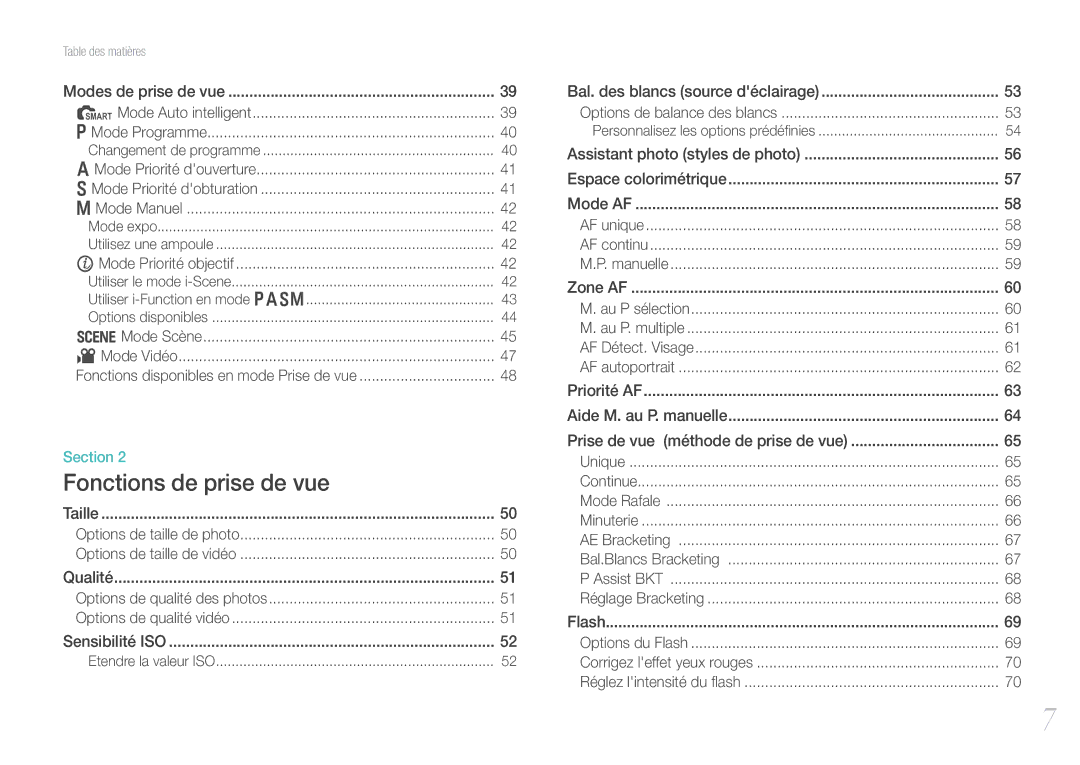 Samsung EV-NX100ZBASFR, EV-NX100ZBAWFR, EV-NX100ZBANFR, EV-NX100ZBABFR manual Fonctions de prise de vue 