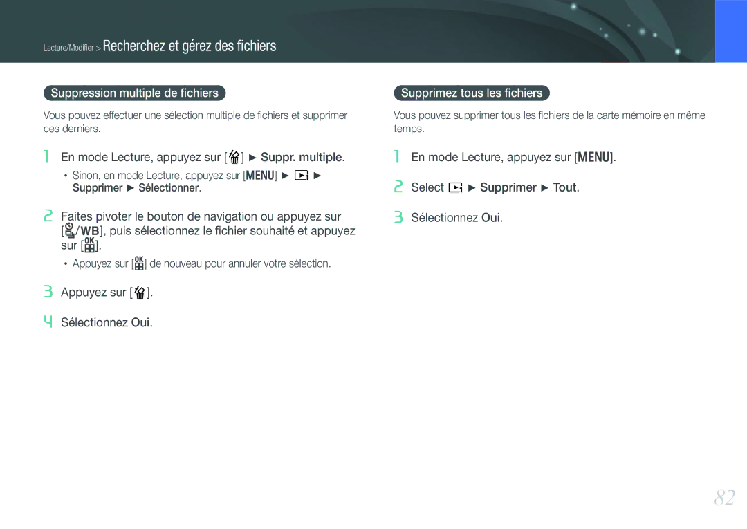 Samsung EV-NX100ZBABFR, EV-NX100ZBASFR, EV-NX100ZBAWFR manual Suppression multiple de ﬁchiers, Supprimez tous les ﬁchiers 