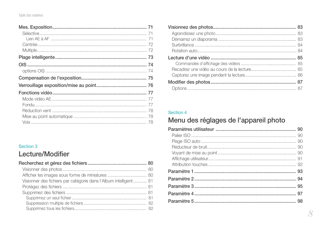 Samsung EV-NX100ZBAWFR, EV-NX100ZBASFR, EV-NX100ZBANFR, EV-NX100ZBABFR manual Lecture/Modiﬁer 