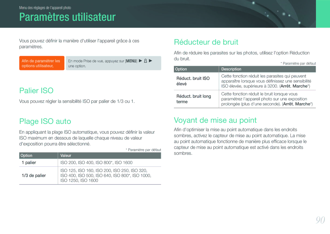 Samsung EV-NX100ZBABFR Paramètres utilisateur, Palier ISO, Réducteur de bruit, Plage ISO auto, Voyant de mise au point 
