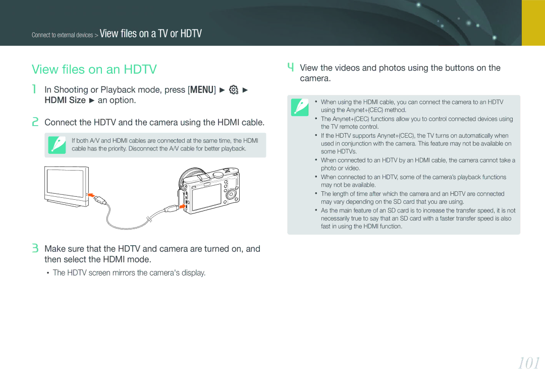 Samsung EV-NX100ZBCWIT, EV-NX100ZBCBDE, EV-NX100ZBAWDE, EV-NX100ZBANDE, EV-NX100ZBABDE manual 101, View ﬁles on an Hdtv 