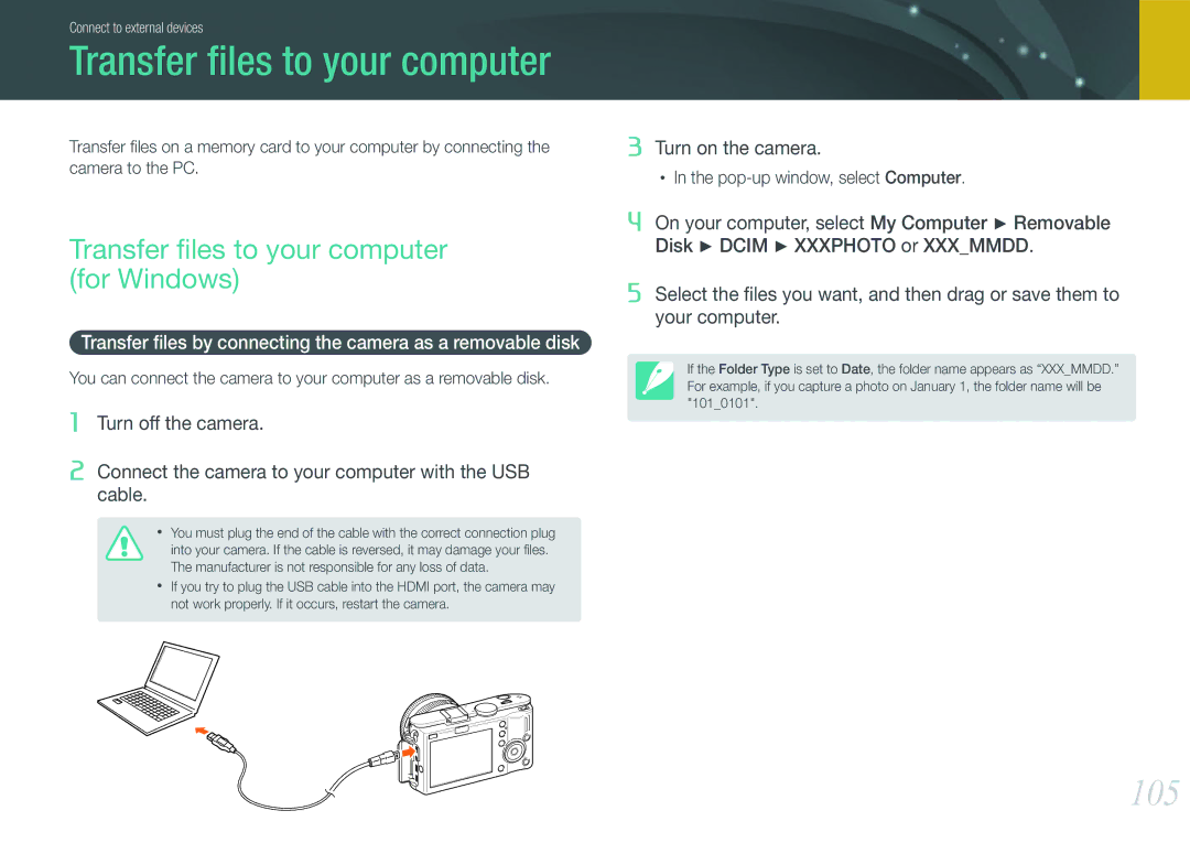 Samsung EV-NX100ZBABES, EV-NX100ZBCBDE, EV-NX100ZBAWDE, EV-NX100ZBANDE 105, Transfer ﬁles to your computer for Windows 