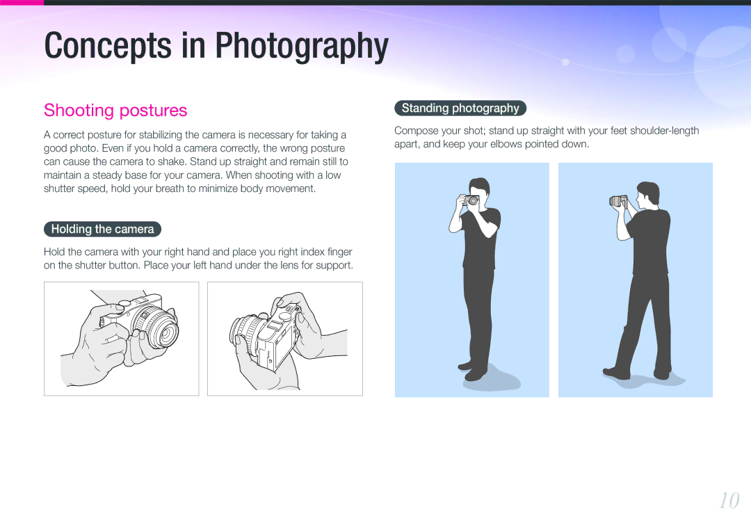 Samsung EV-NX100ZBABIT, EV-NX100ZBCBDE, EV-NX100ZBAWDE, EV-NX100ZBANDE manual Holding the camera, Standing photography 