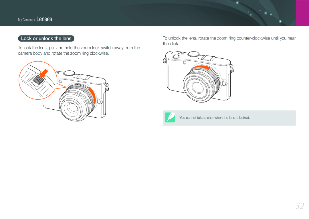 Samsung EV-NX100ZBABRU, EV-NX100ZBCBDE, EV-NX100ZBAWDE, EV-NX100ZBANDE, EV-NX100ZBABDE, EV-NX100ZBCSDE Lock or unlock the lens 