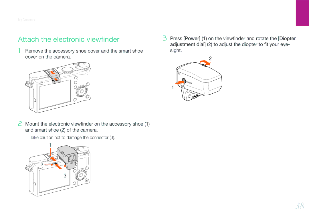 Samsung EV-NX100ZBCSRU, EV-NX100ZBCBDE, EV-NX100ZBAWDE, EV-NX100ZBANDE, EV-NX100ZBABDE manual Attach the electronic viewﬁnder 