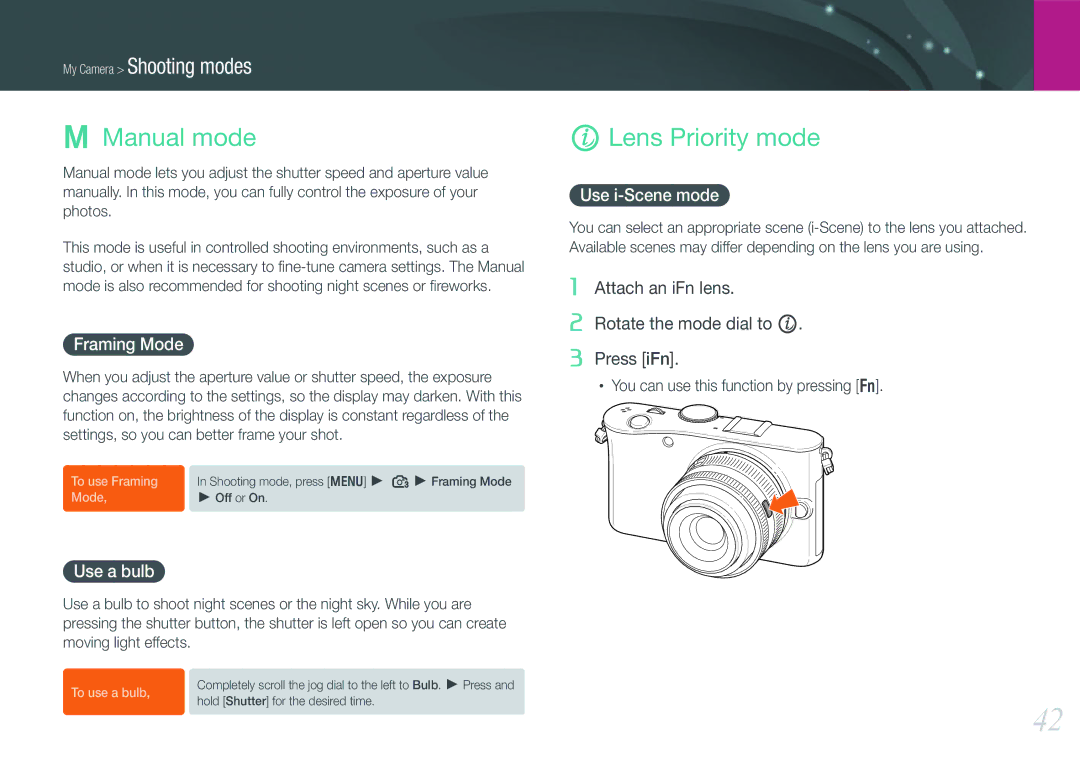 Samsung EV-NX100ZBABHU, EV-NX100ZBCBDE manual Manual mode, Lens Priority mode, Framing Mode, Use a bulb, Use i-Scene mode 