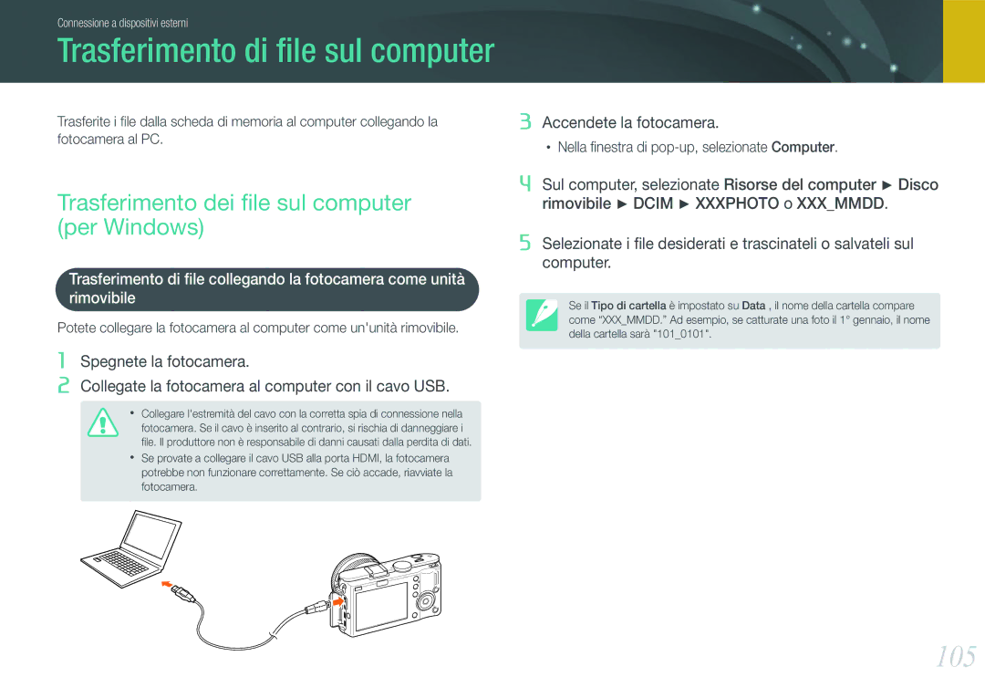 Samsung EV-NX100ZBCWIT, EV-NX100ZBCNIT, EV-NX100ZBABIT, EV-NX100ZBCBIT 105, Trasferimento dei ﬁle sul computer per Windows 