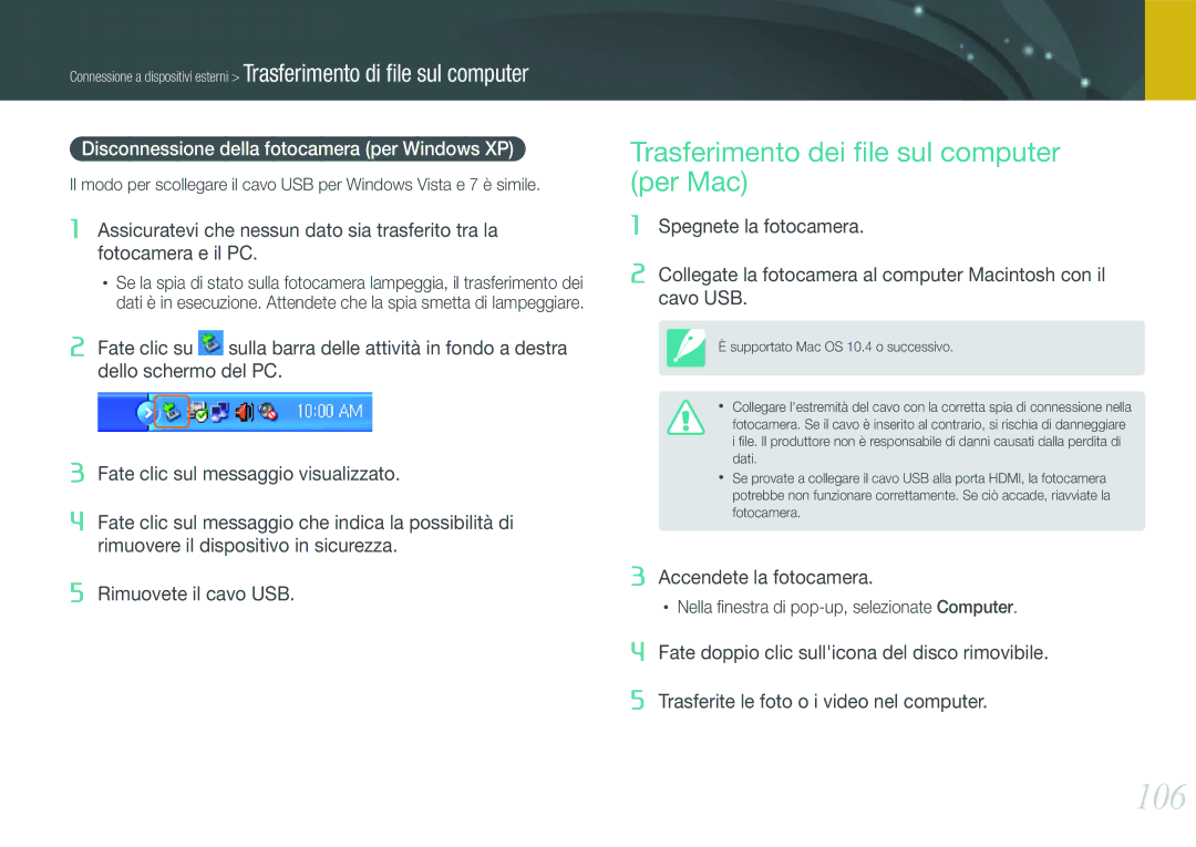 Samsung EV-NX100ZBAWIT 106, Trasferimento dei ﬁle sul computer per Mac, Disconnessione della fotocamera per Windows XP 