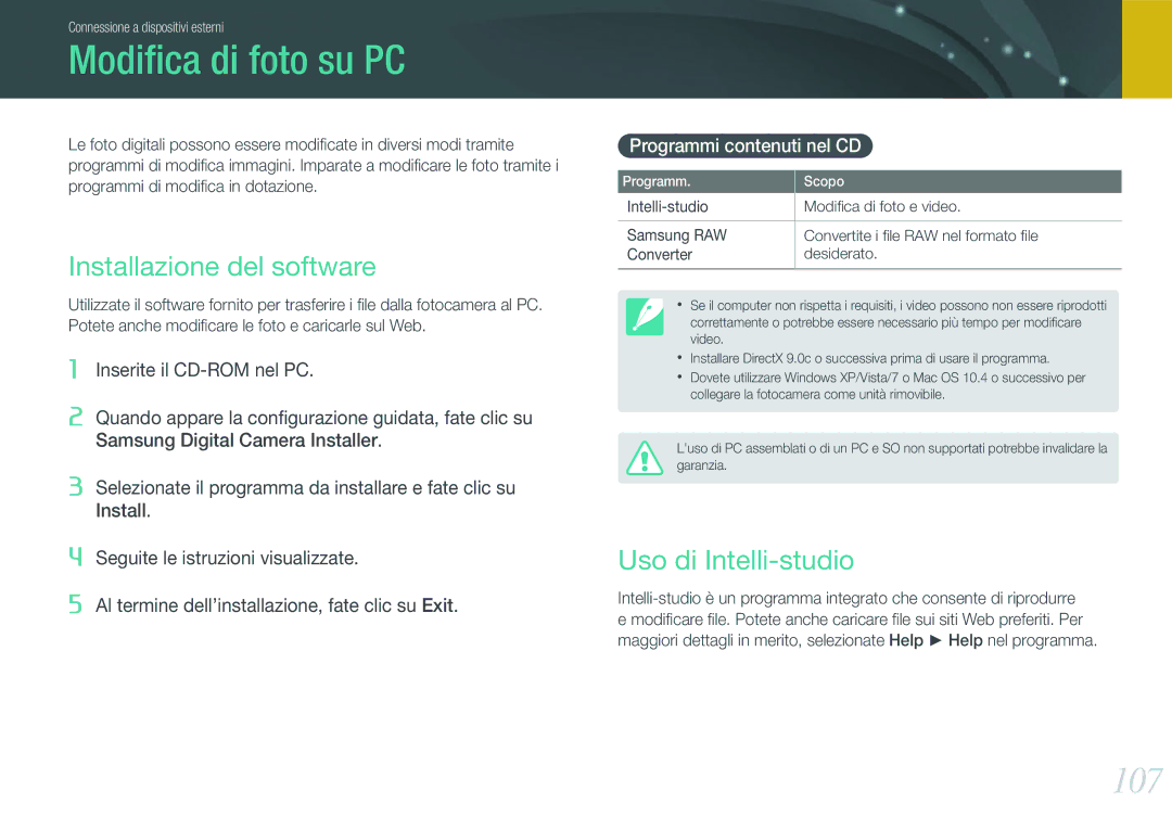 Samsung EV-NX100ZBCNIT, EV-NX100ZBABIT manual Modiﬁca di foto su PC, 107, Installazione del software, Uso di Intelli-studio 