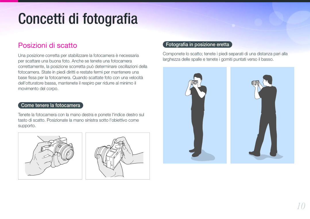 Samsung EV-NX100ZBAWIT, EV-NX100ZBCNIT, EV-NX100ZBABIT manual Come tenere la fotocamera, Fotograﬁa in posizione eretta 