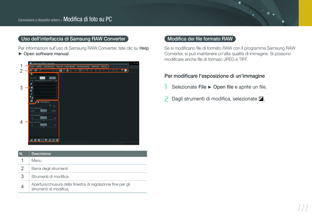 Samsung EV-NX100ZBCWIT, EV-NX100ZBCNIT manual 111, Uso dellinterfaccia di Samsung RAW Converter, Modiﬁca dei ﬁle formato RAW 