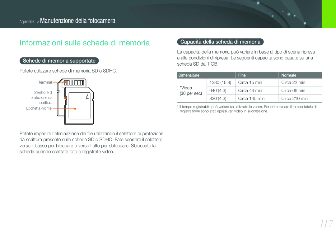 Samsung EV-NX100ZBCWIT manual 117, Informazioni sulle schede di memoria, Schede di memoria supportate, Video Per sec 