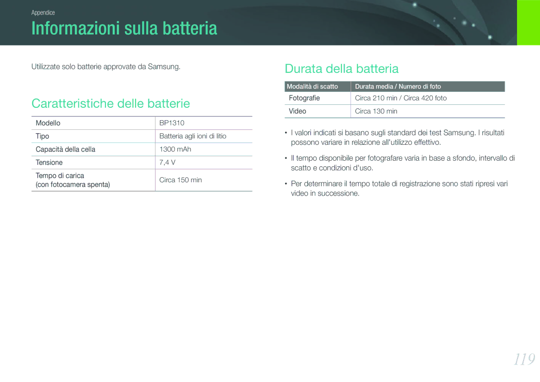 Samsung EV-NX100ZBCNIT manual Informazioni sulla batteria, 119, Caratteristiche delle batterie, Durata della batteria 