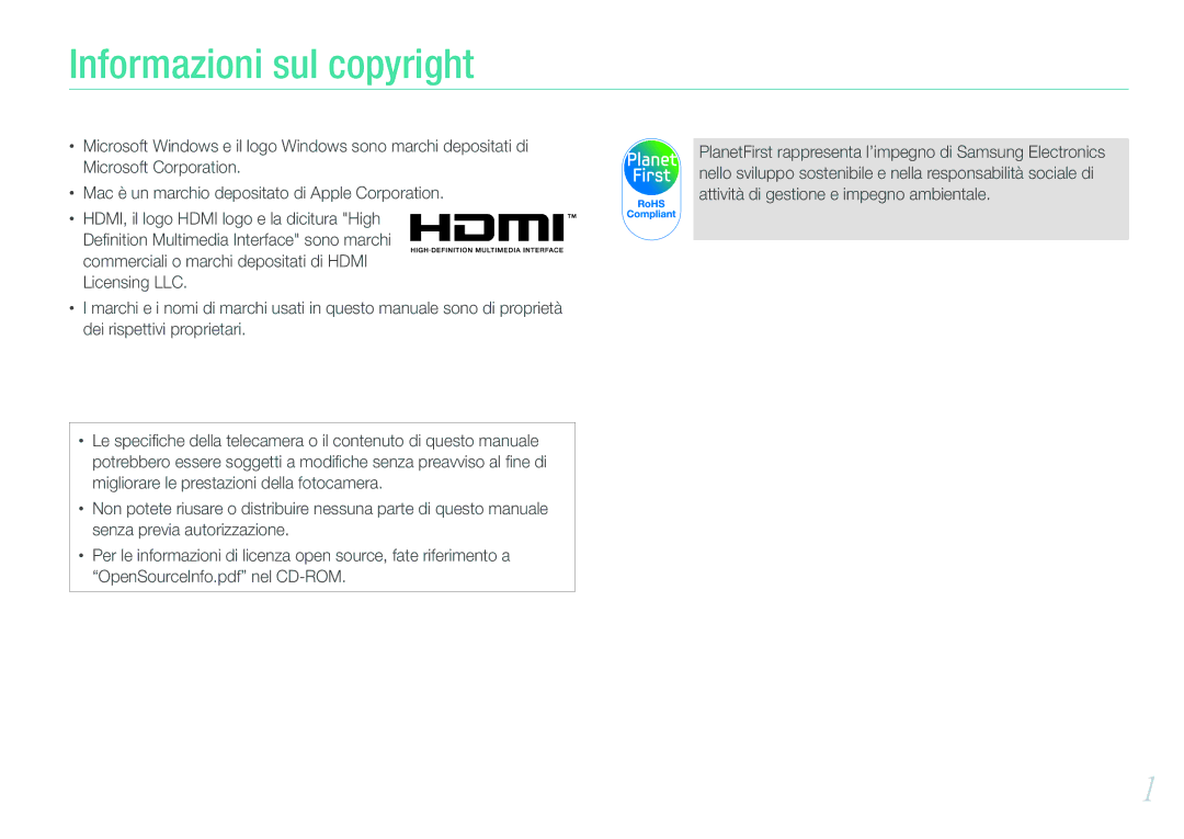 Samsung EV-NX100ZBCBIT, EV-NX100ZBCNIT, EV-NX100ZBABIT, EV-NX100ZBANIT, EV-NX100ZBCWIT manual Informazioni sul copyright 