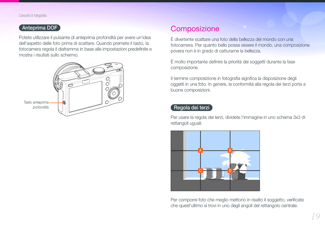 Samsung EV-NX100ZBCBIT, EV-NX100ZBCNIT, EV-NX100ZBABIT, EV-NX100ZBANIT, EV-NX100ZBCWIT manual Anteprima DOF, Regola dei terzi 