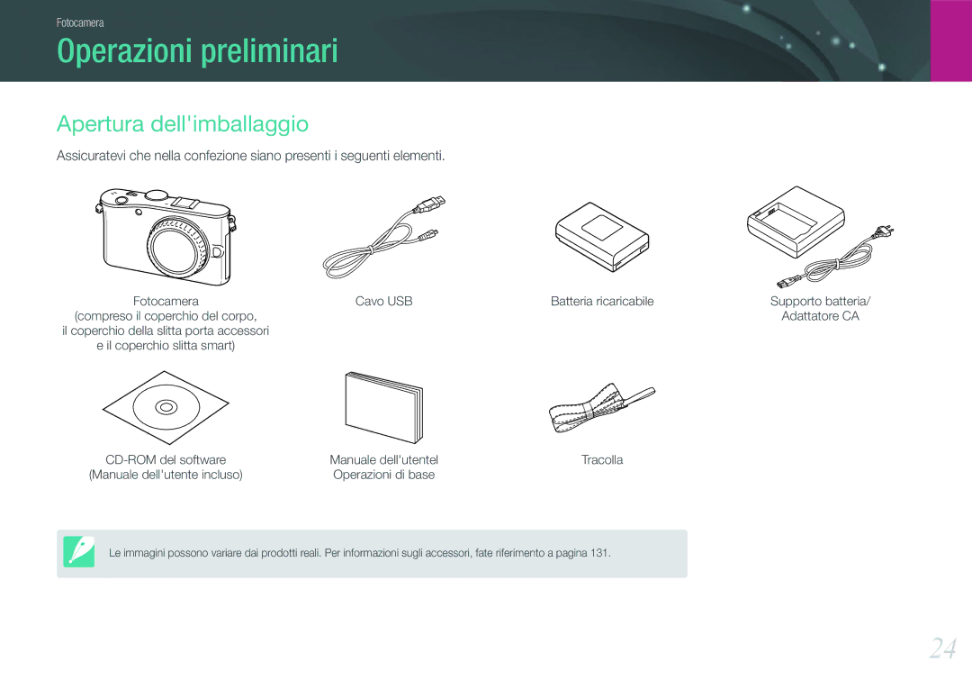 Samsung EV-NX100ZBABIT, EV-NX100ZBCNIT Operazioni preliminari, Apertura dellimballaggio, Cavo USB Batteria ricaricabile 