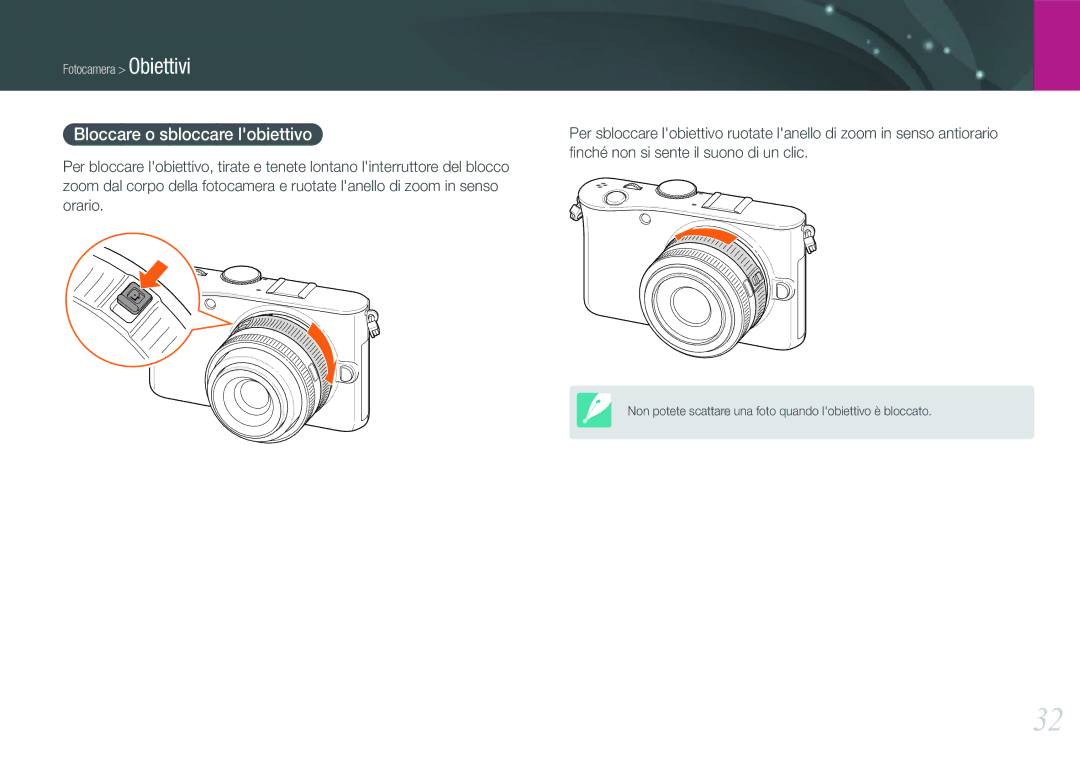 Samsung EV-NX100ZBANIT, EV-NX100ZBCNIT, EV-NX100ZBABIT, EV-NX100ZBCBIT, EV-NX100ZBCWIT manual Bloccare o sbloccare lobiettivo 